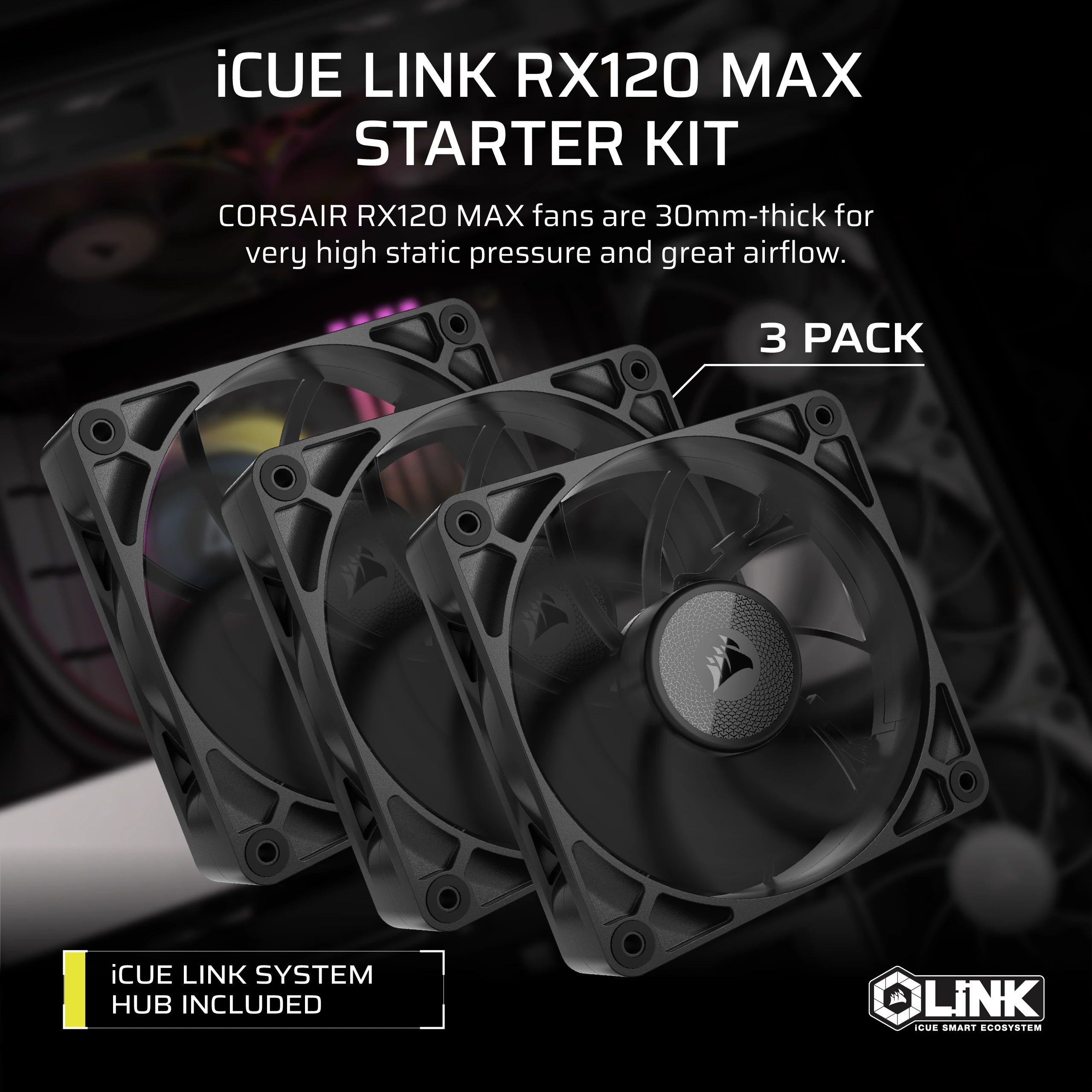 Trois ventilateurs noirs Corsair iCUE LINK RX120 MAX avec hub.