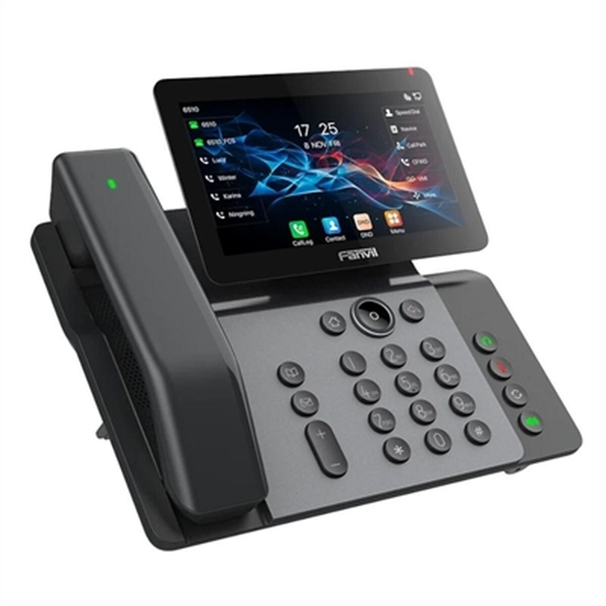 Un telefono da scrivania nero con display touchscreen e tastiera.