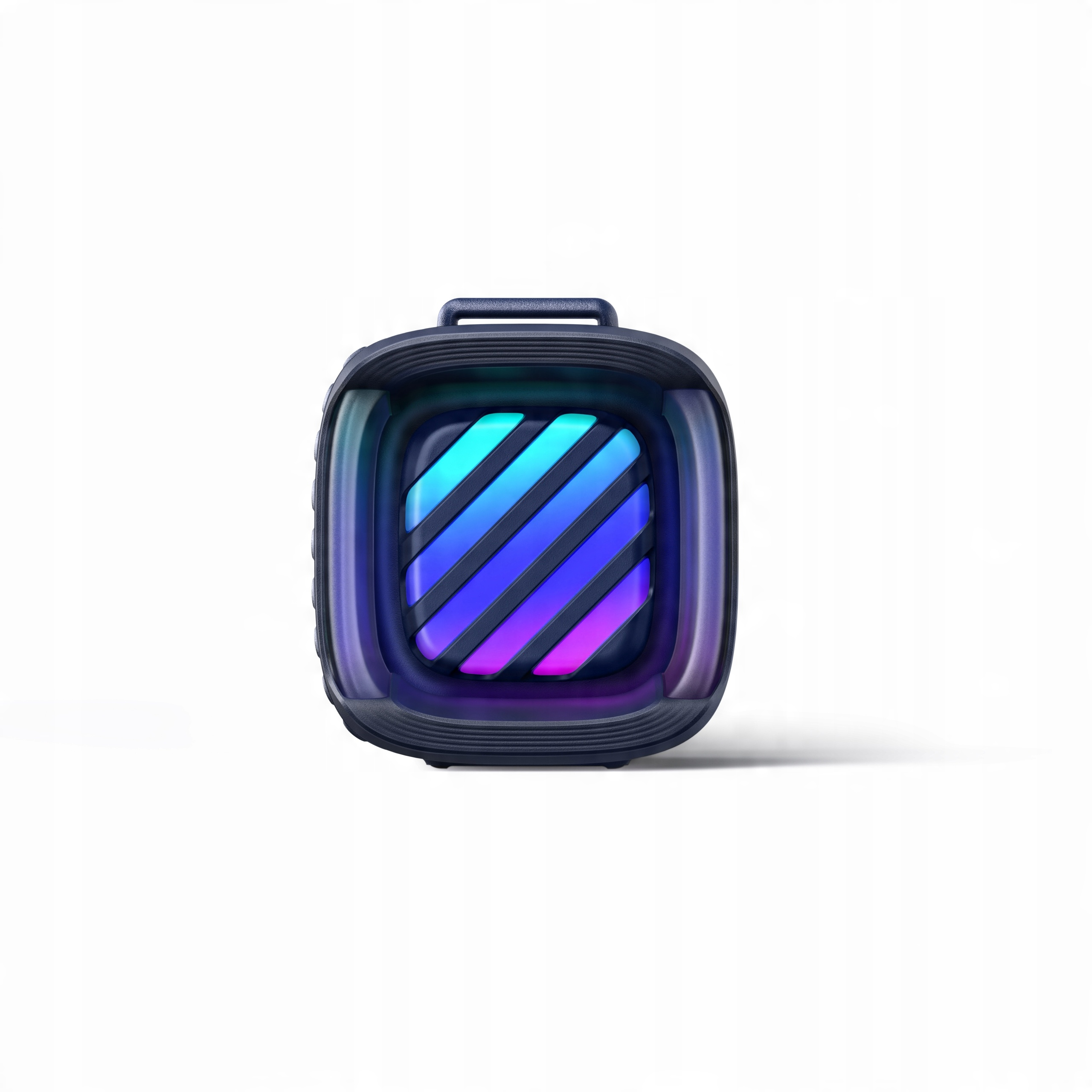 Ciemny, sześcienny głośnik z niebieskim i fioletowym oświetleniem.
