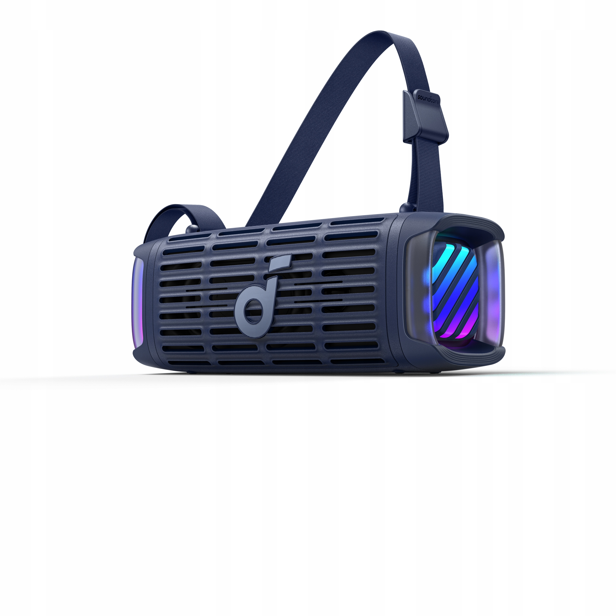 Ciemnoniebieski głośnik z niebieskim paskiem i kolorowymi światłami.