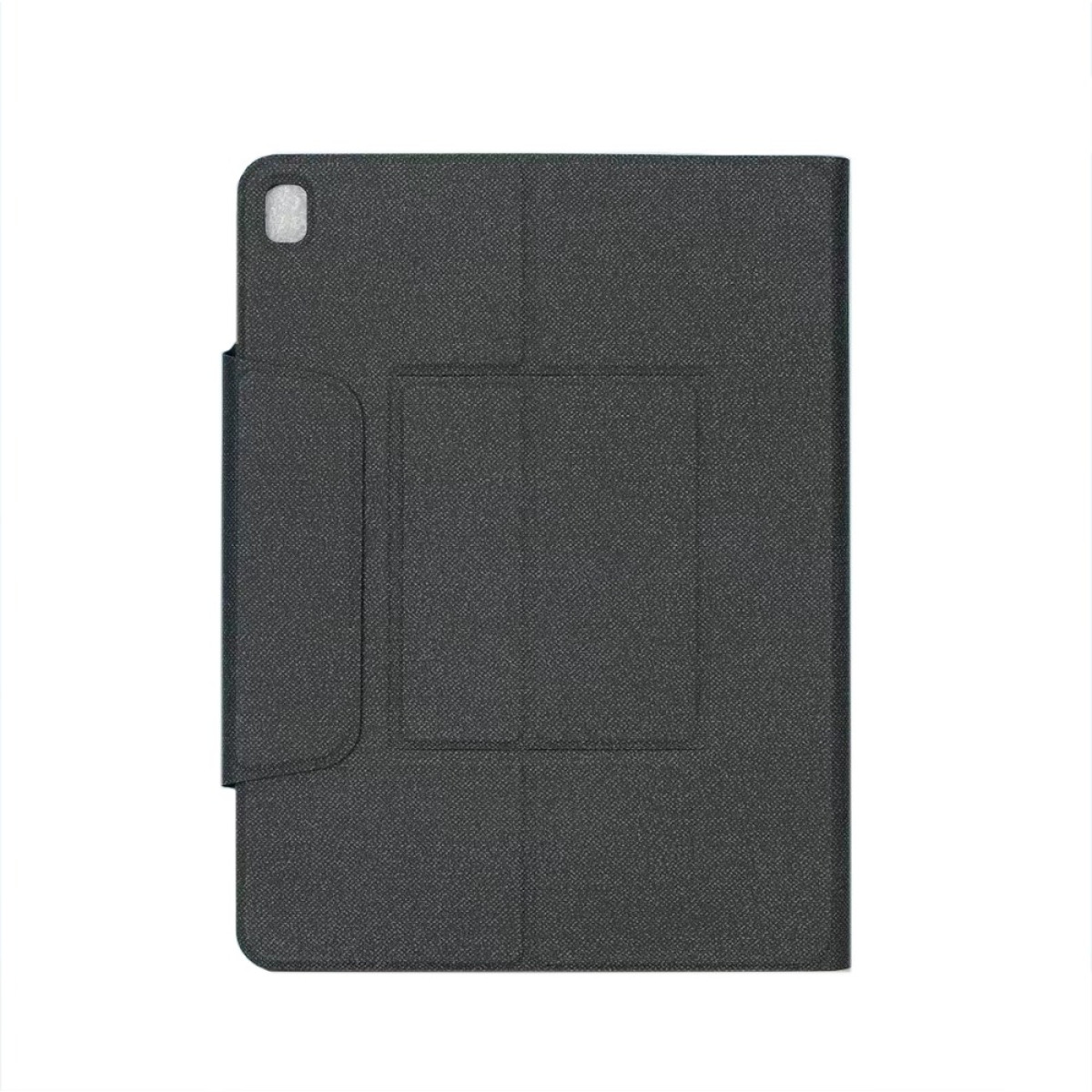 Ciemnoszare etui na tablet ze złożonym przodem i wycięciem w lewym górnym rogu.