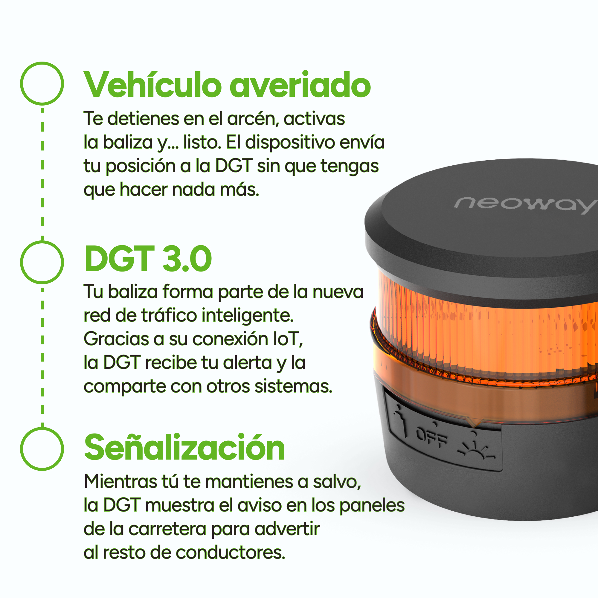 Una baliza naranja con logo 'neoway' y texto.