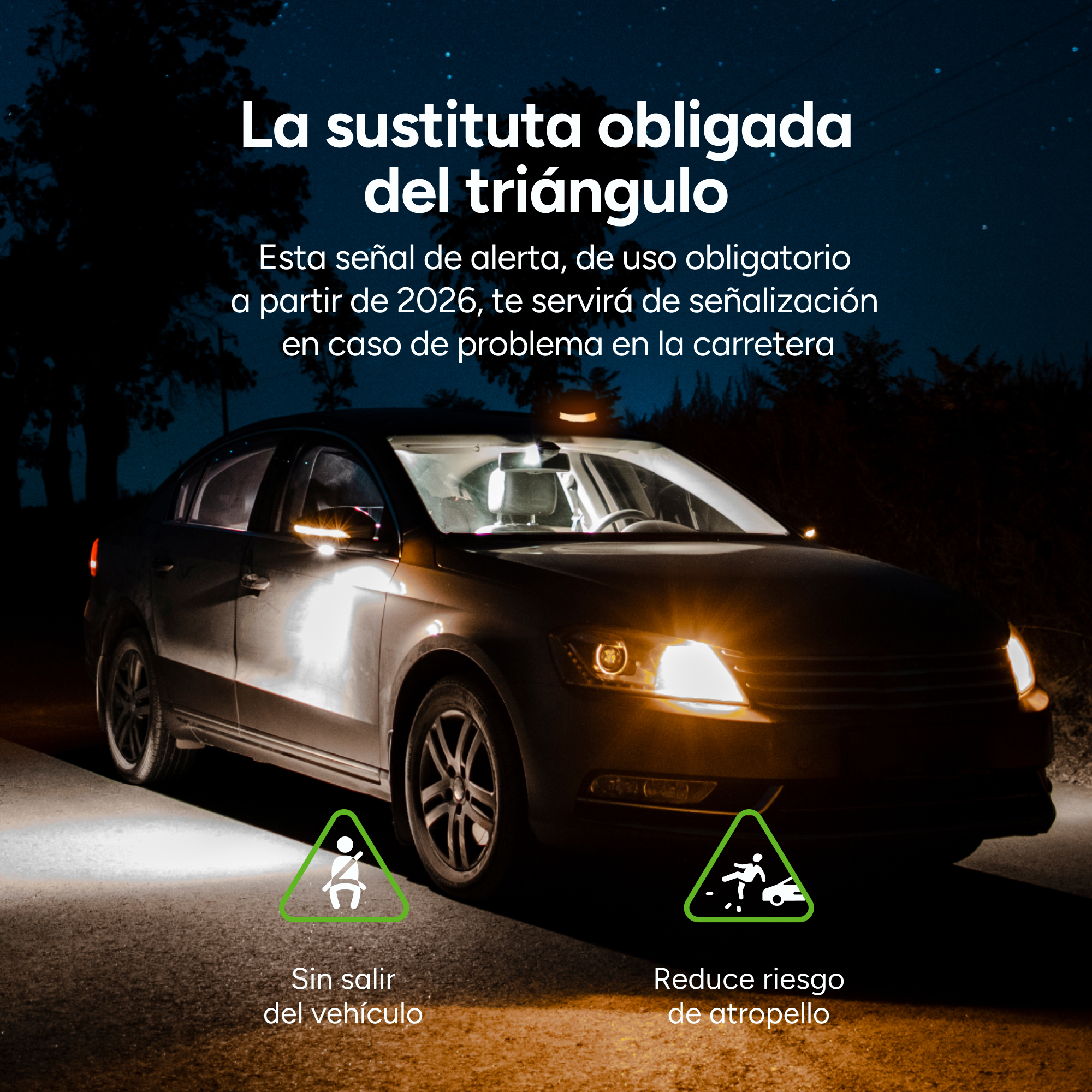 Imagen oscura de un coche de noche con señales de advertencia y texto.