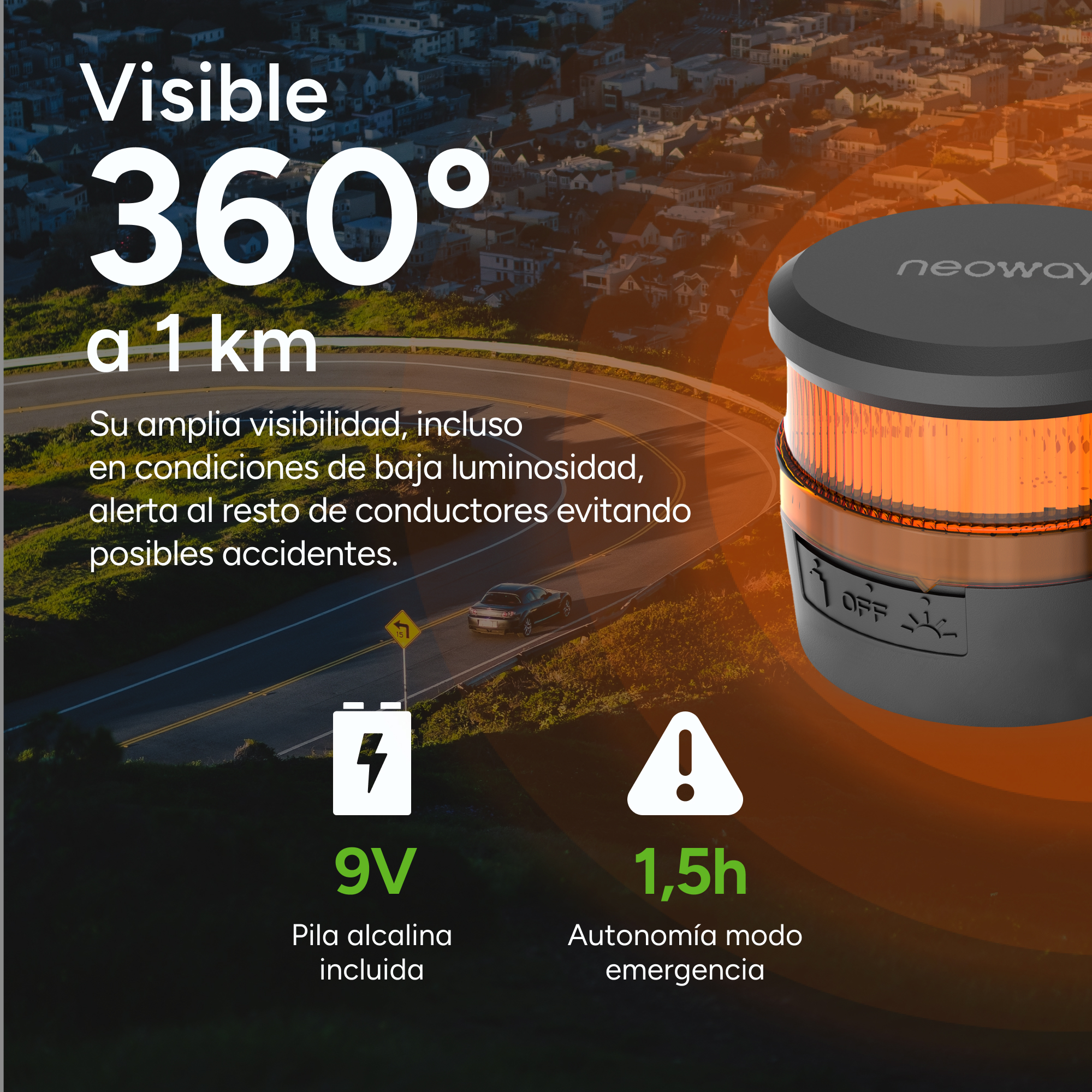 Luz de advertencia Neoway: visibilidad 360° a 1 km, batería 9V, modo emergencia 1,5h.