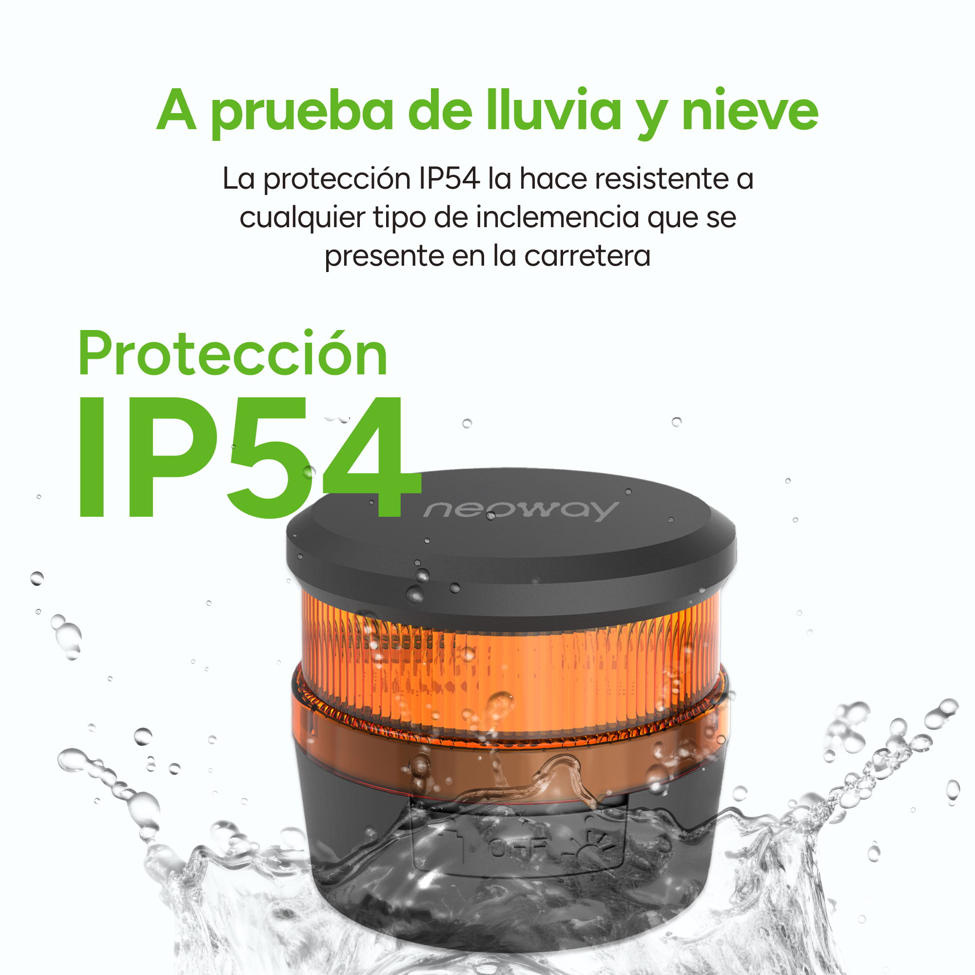 Una luz de advertencia naranja con protección IP54 salpica agua.