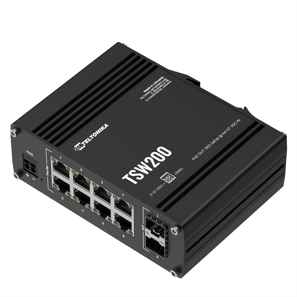 Schwarzer Netzwerk-Switch TSW200 mit 8 PoE-Ports, 2 SFP-Ports und Stromanschluss.