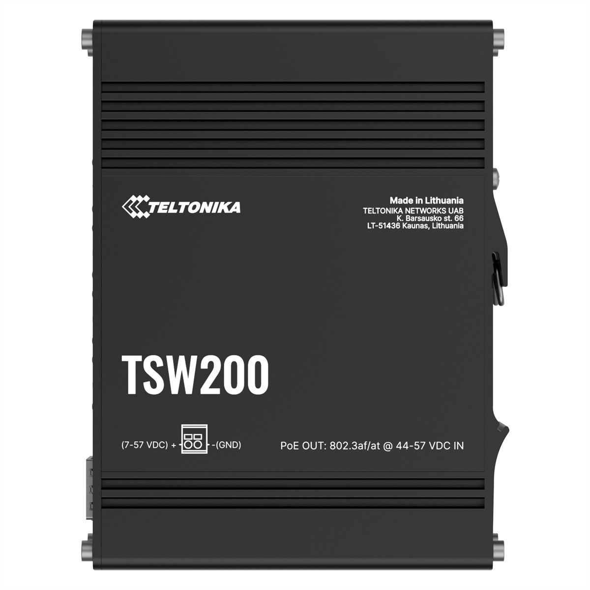 Schwarzer Teltonika TSW200 Switch mit Anschlüssen und Beschriftung.