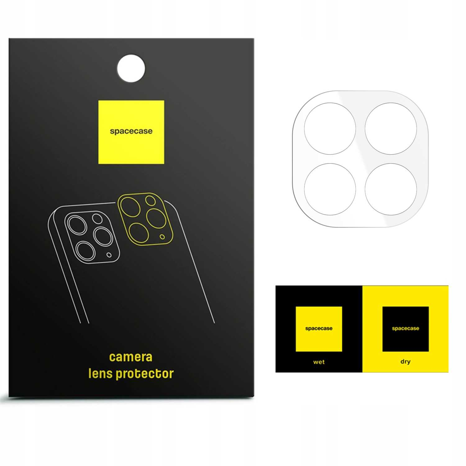 Opakowanie ochraniacza obiektywu aparatu z kwadratowym ochraniaczem i dwoma ściereczkami.