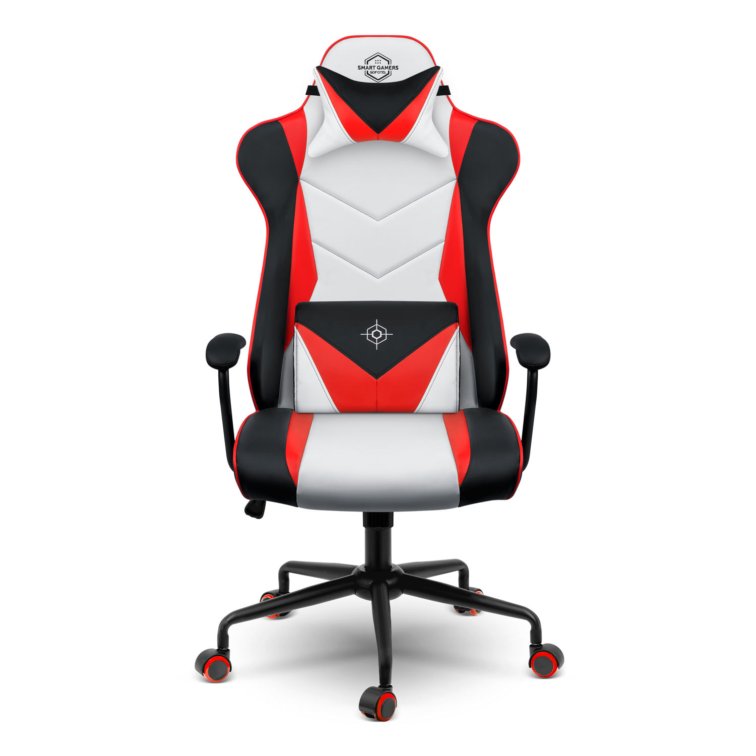 Czerwony, biały i czarny fotel gamingowy z zagłówkiem i poduszką lędźwiową.