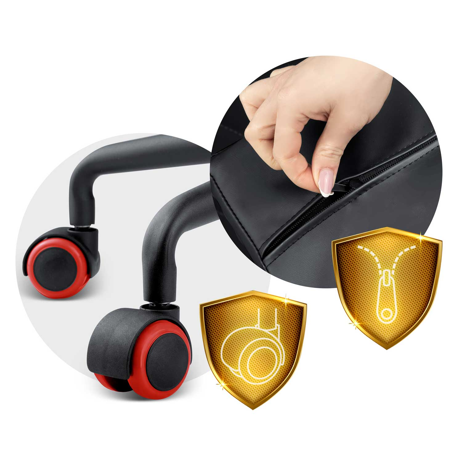 Czarny fotel biurowy z kółkami i detalami zamka.