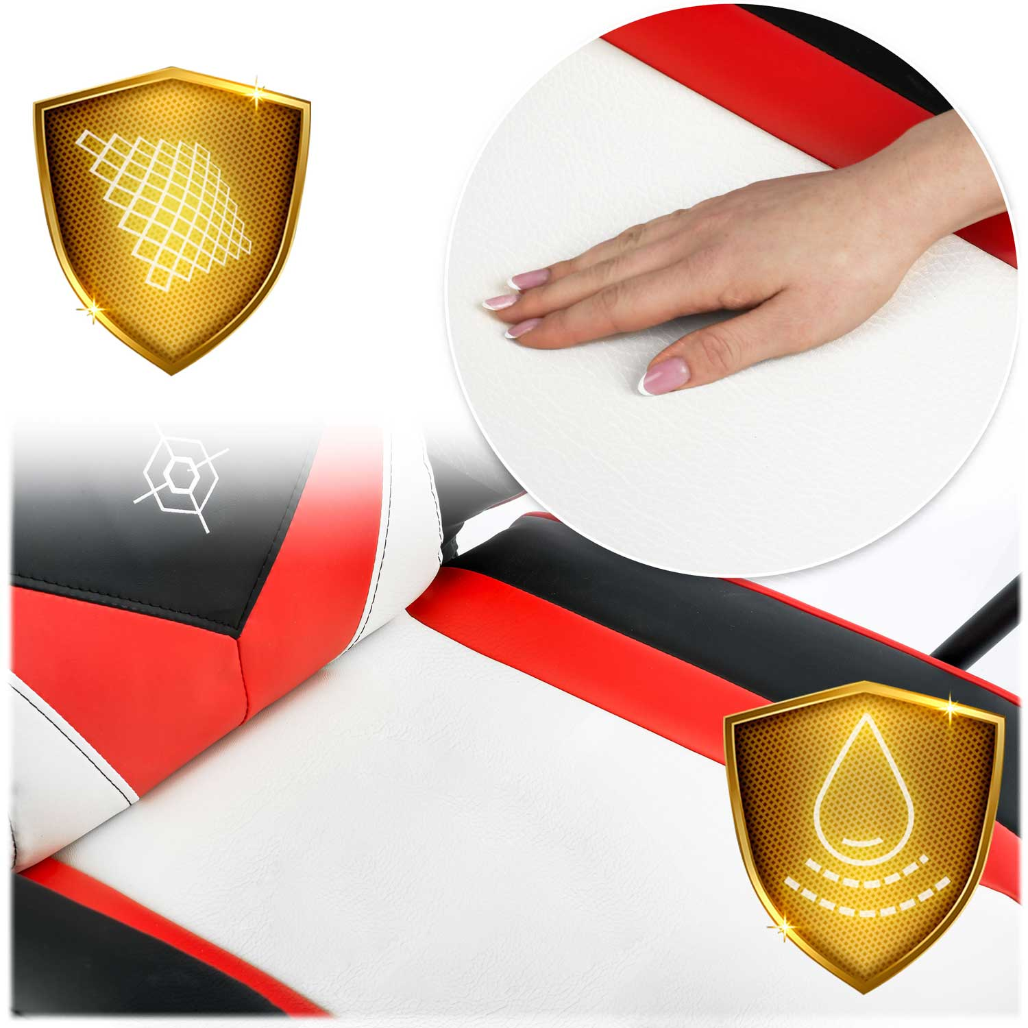 Złote tarcze z ikonami trwałości i wodoodporności. Dłoń dotyka białego materiału.