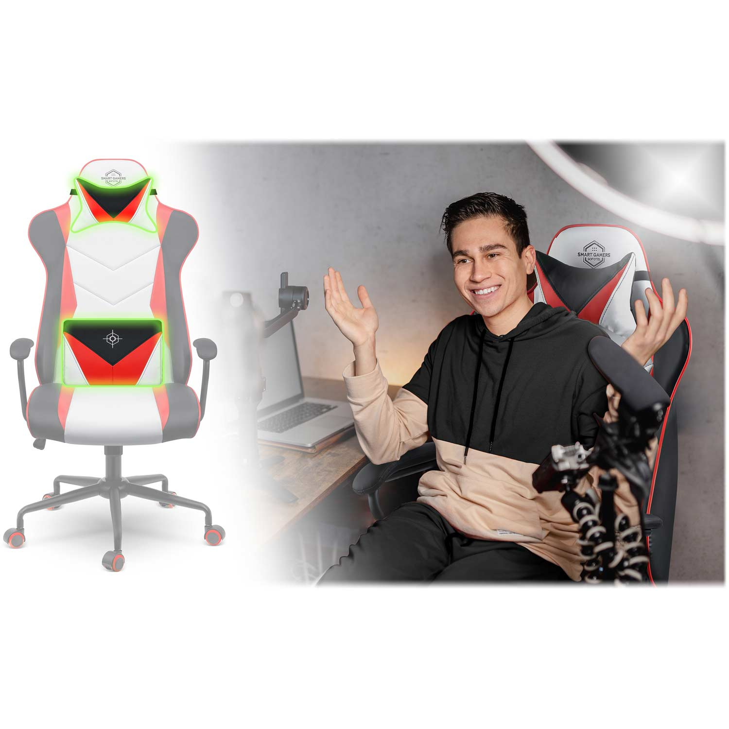 Mężczyzna siedzi na krześle gamingowym podświetlonym światłami.