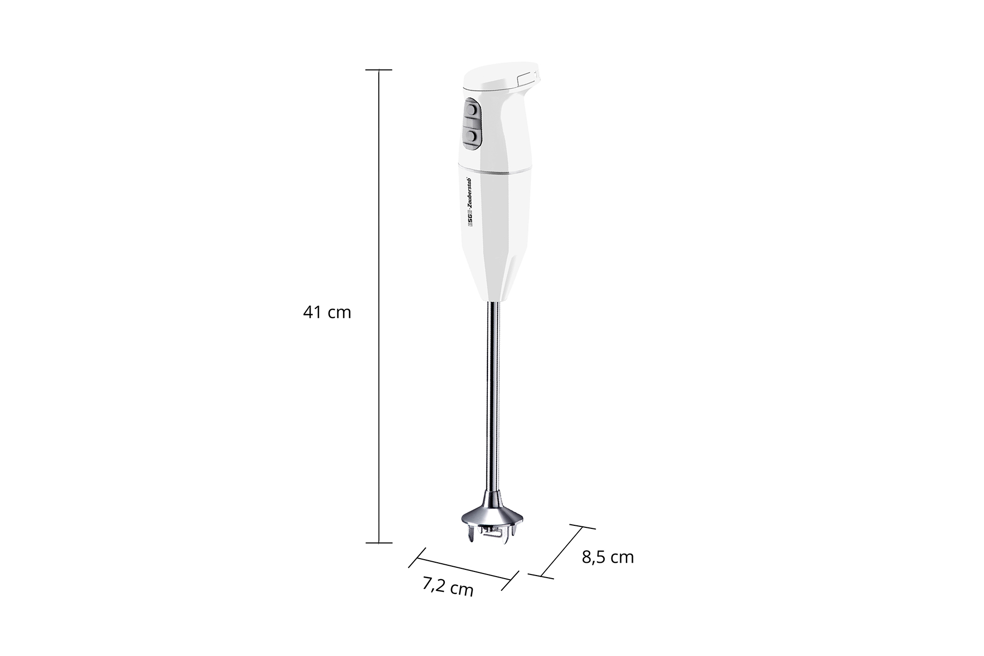 Ein weißer Stabmixer mit Metallschneide und Bedientasten. Maße sind angegeben.