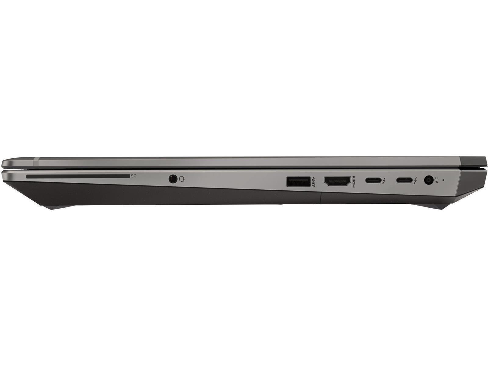 Seitenansicht eines Laptops mit Anschlüssen: SC, Kopfhörer, USB, HDMI, Blitz.