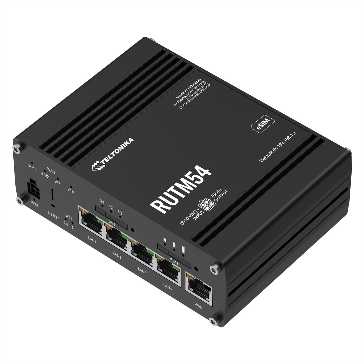 Schwarzer Teltonika RUTM54 Router mit Anschlüssen für SIM, LAN, WAN, Reset und Strom.