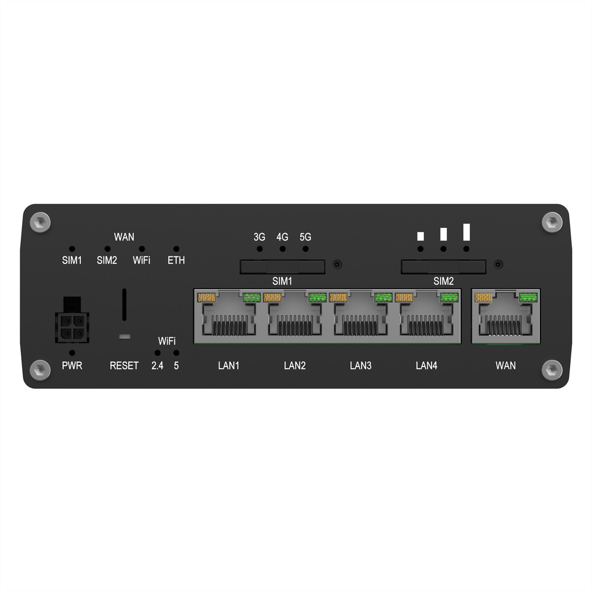 Netzwerkgerät mit Anschlüssen: WAN, LAN1-4, SIM1/2, Reset, Power.