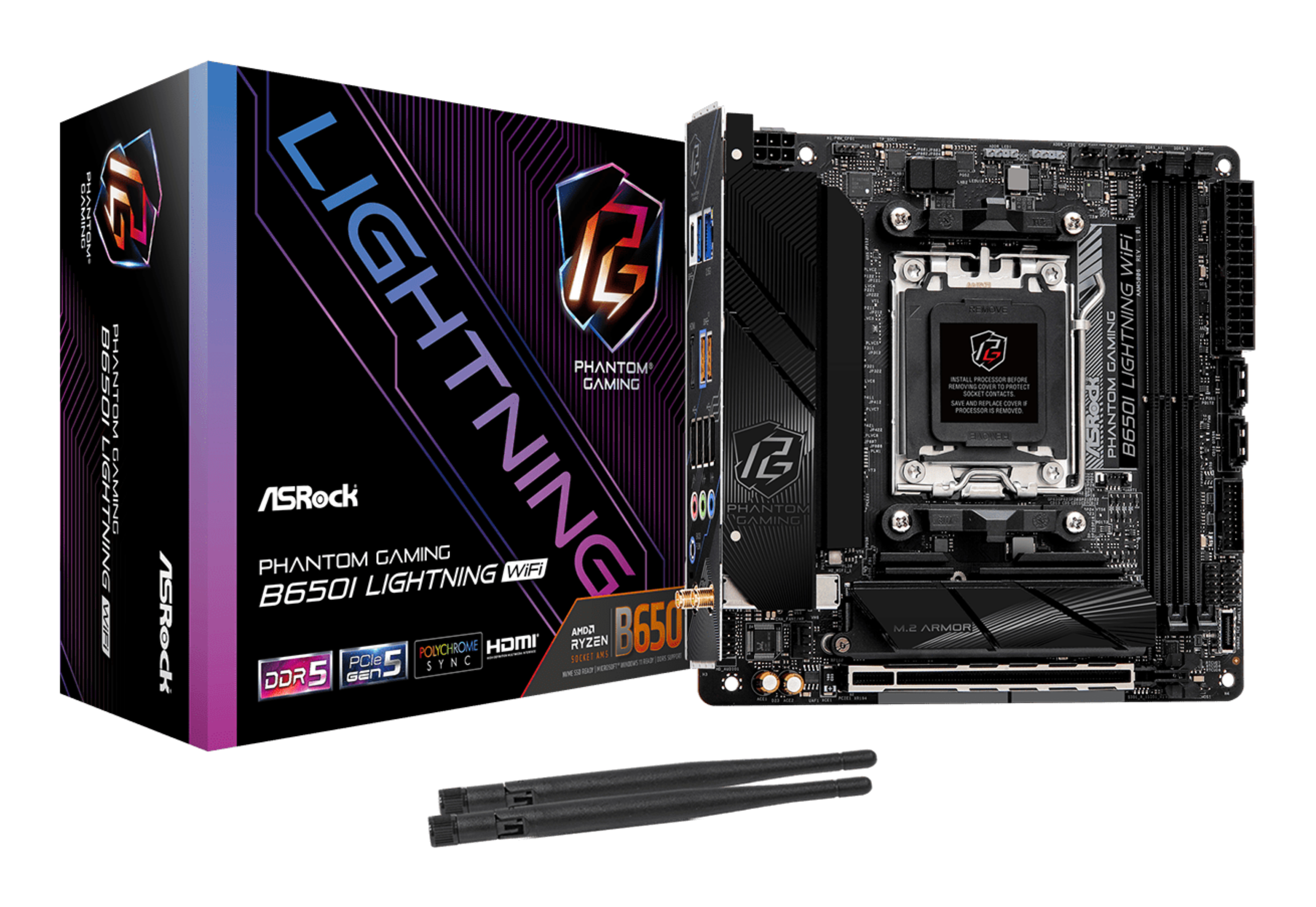 Płyta główna ASRock B650I Lightning WiFi i pudełko z antenami.