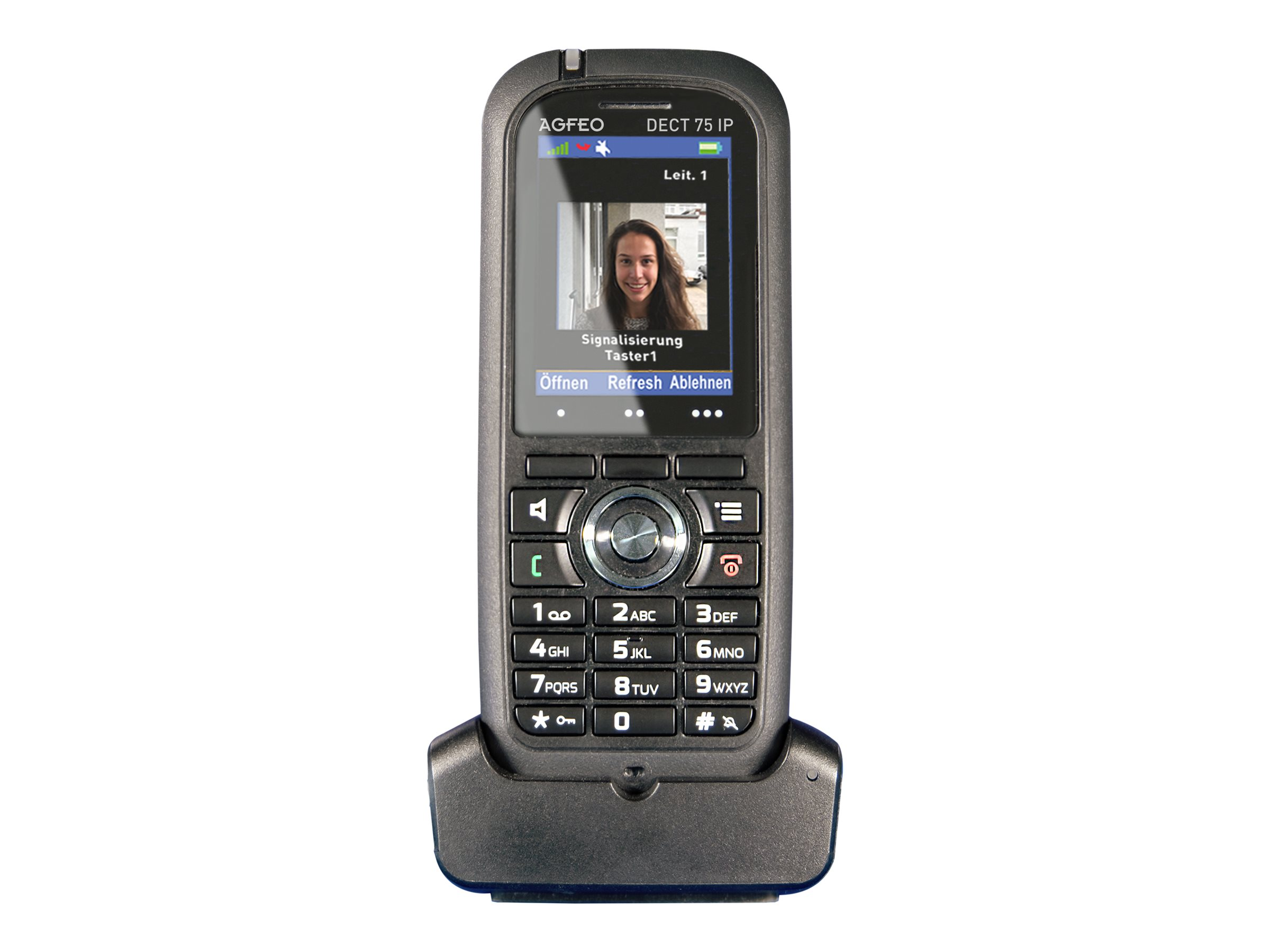Un telefono DECT 75 IP nero con l'immagine di una donna sullo schermo.