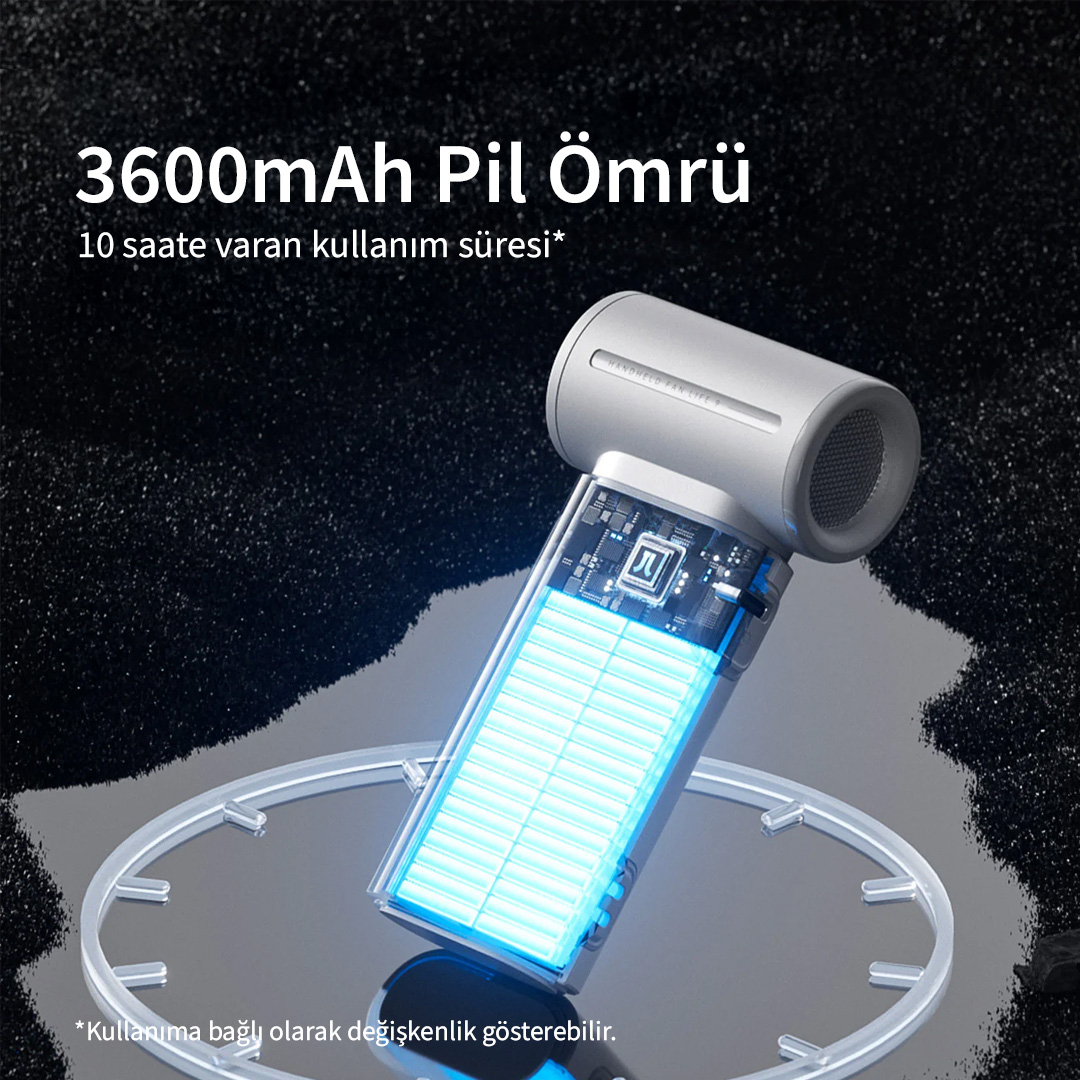 Görünür, parlak mavi pilli gümüş rengi el fanı.