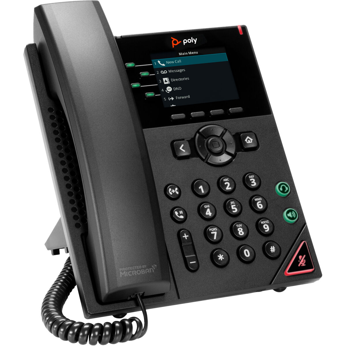 Czarny telefon biurkowy Poly z kolorowym ekranem.