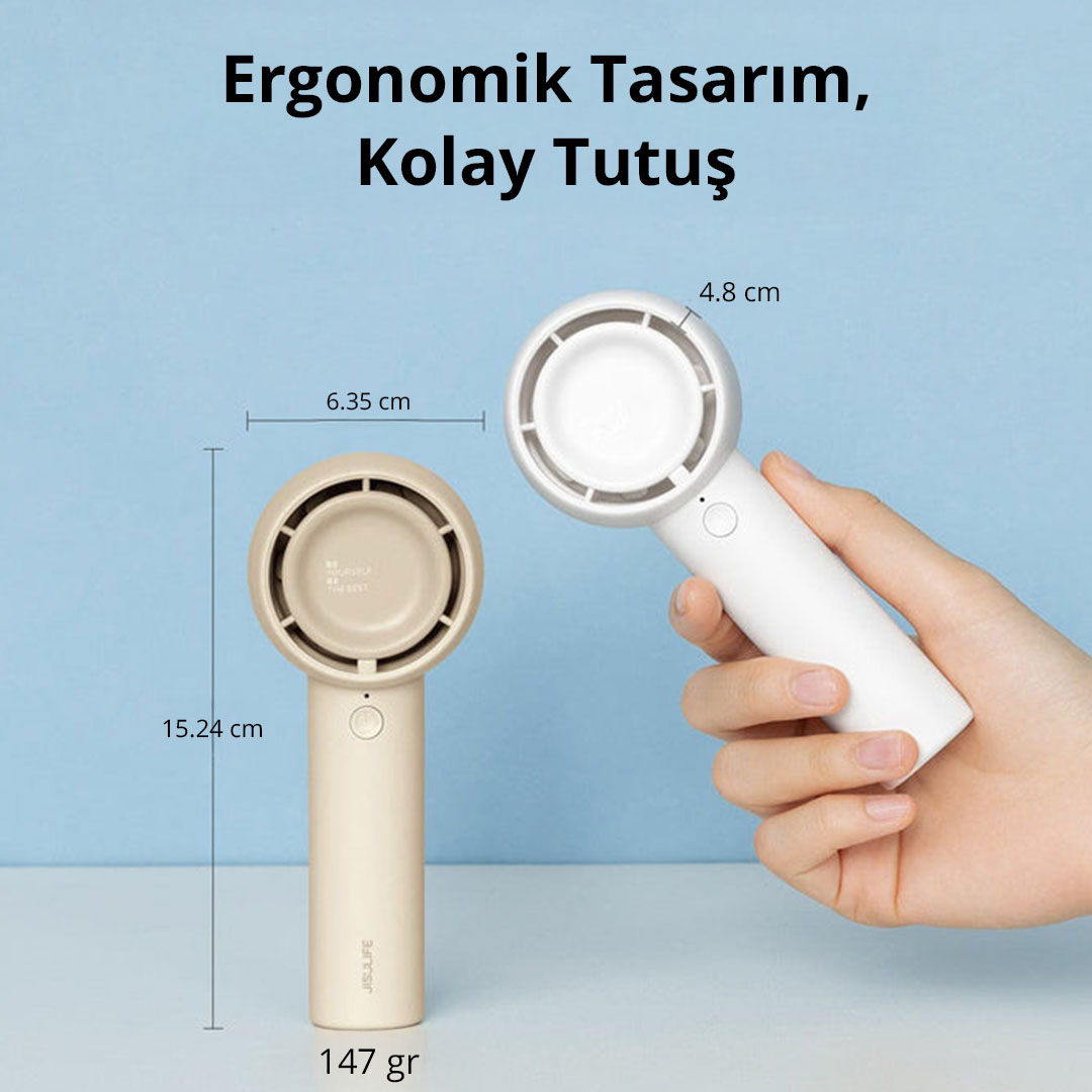 İki el fanı, beyaz ve bej, boyutları ve ağırlığı ile.