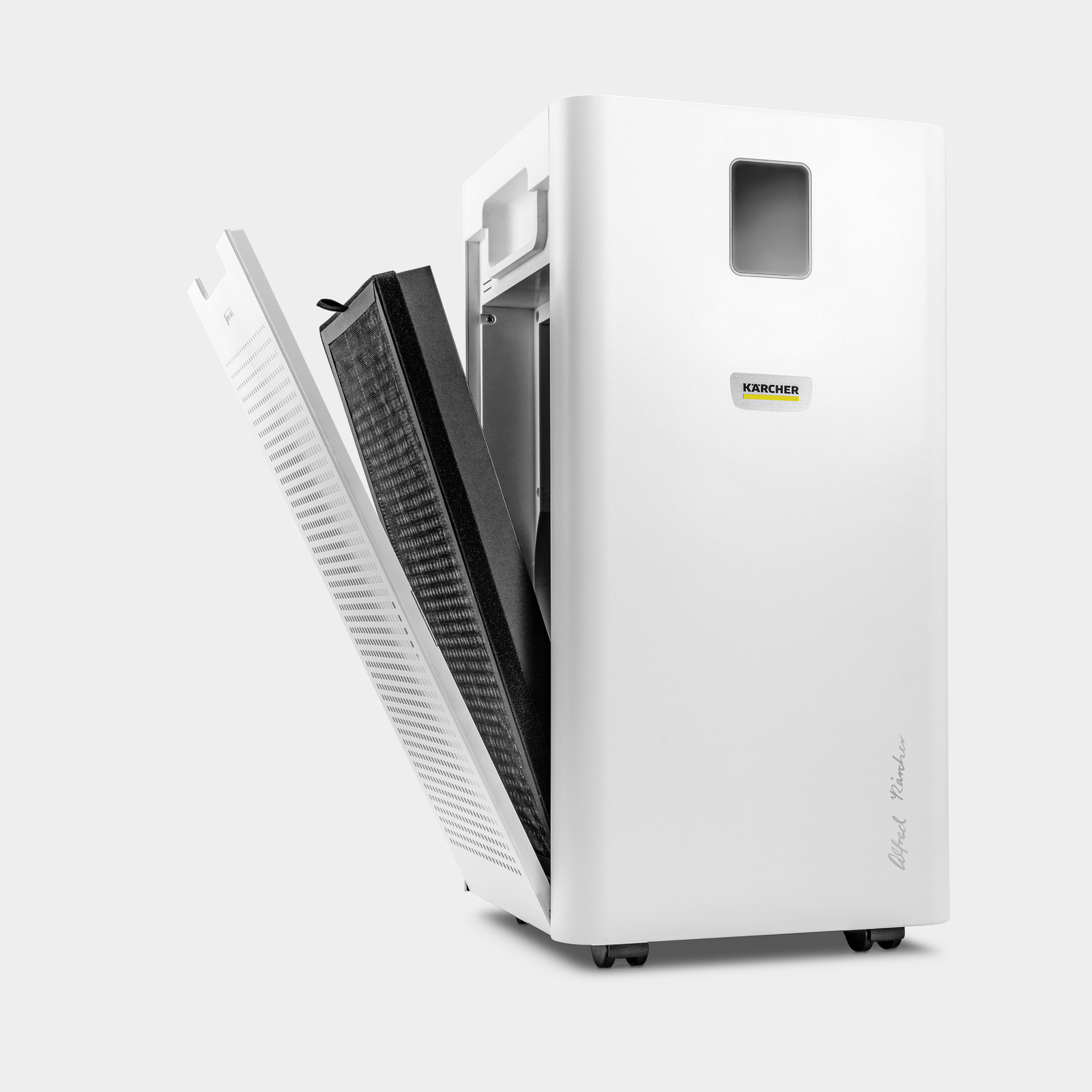 A white Kärcher air purifier with an open compartment and a pull-out filter.