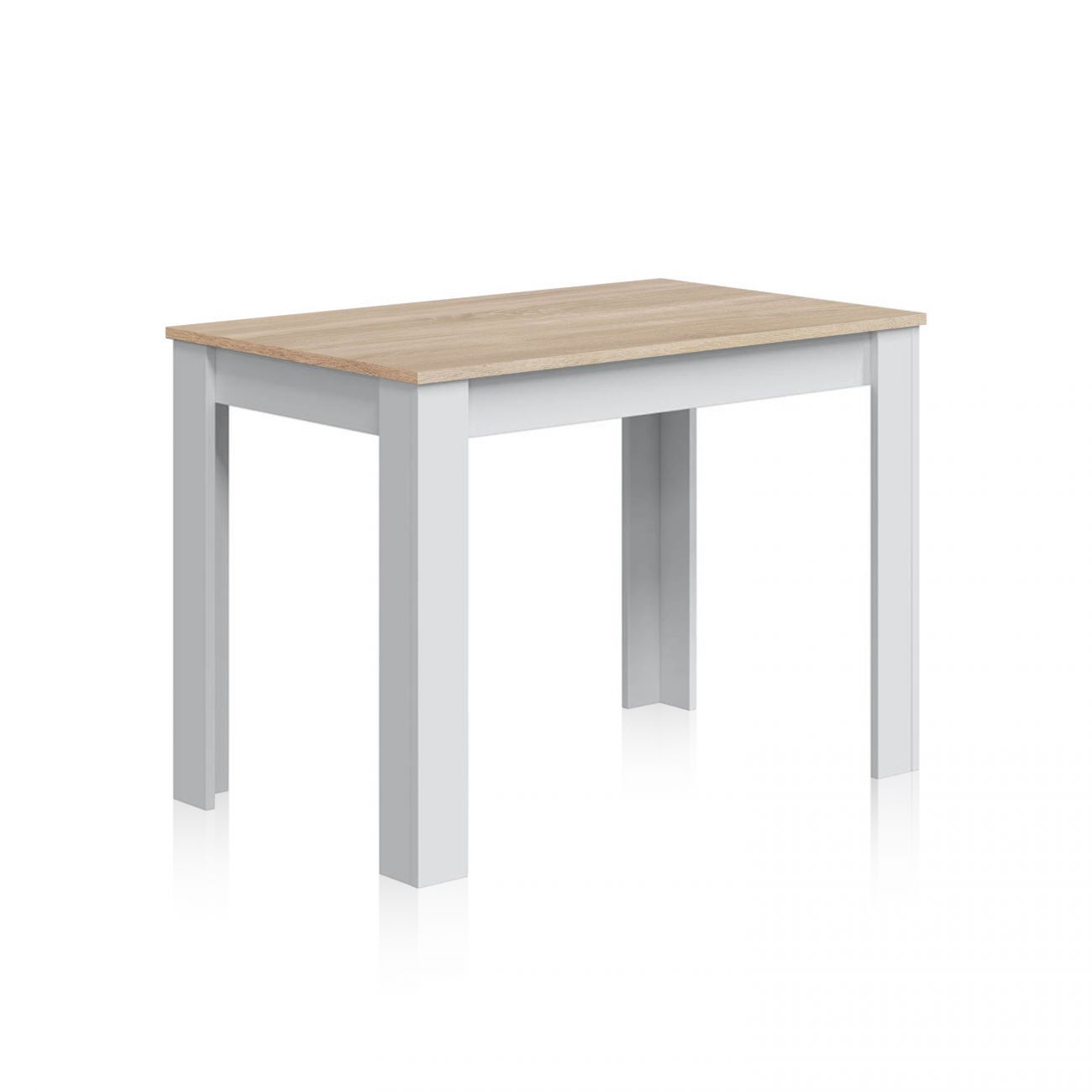 Una mesa rectangular con tablero de madera clara y patas blancas.