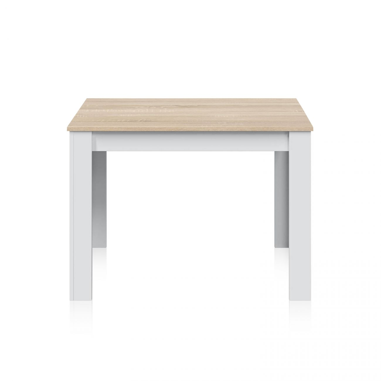 Una mesa rectangular de madera con tapa de madera clara y patas blancas.