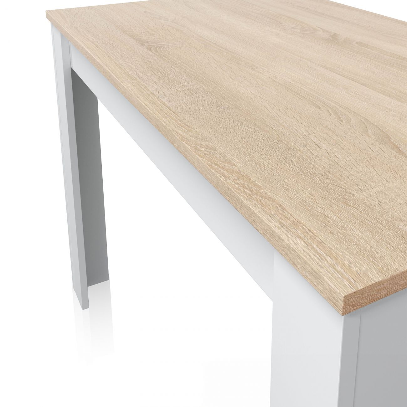 Primer plano de un tablero de mesa de madera clara con patas blancas.