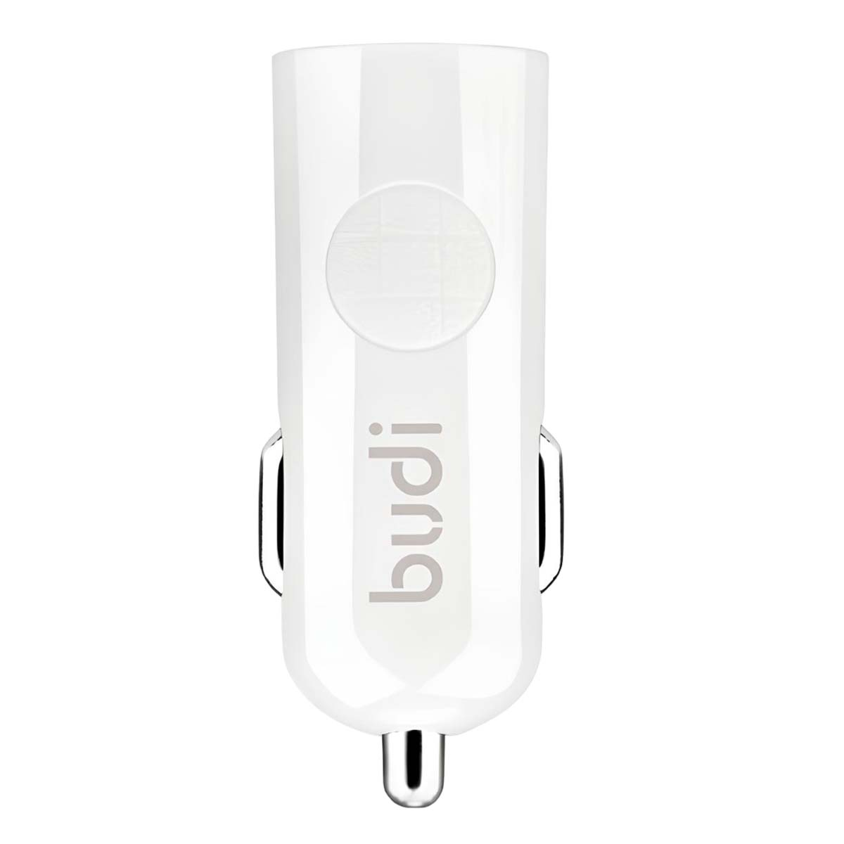 Un adattatore USB per auto bianco con il logo "budi" e un motivo circolare.