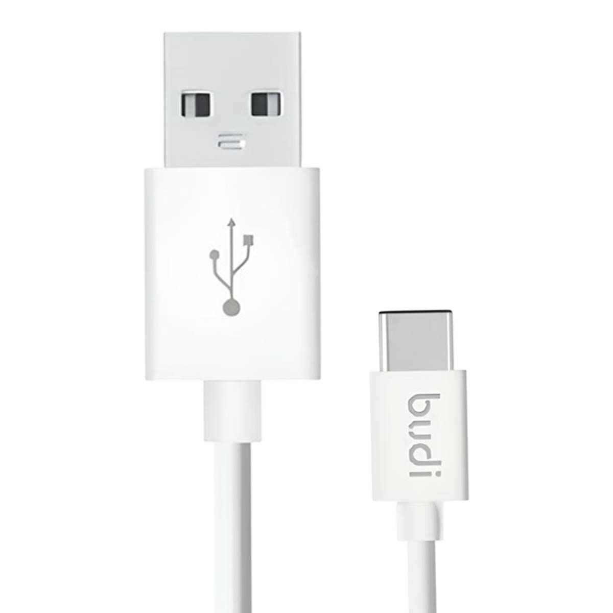 Un cavo da USB-A a USB-C bianco con loghi.