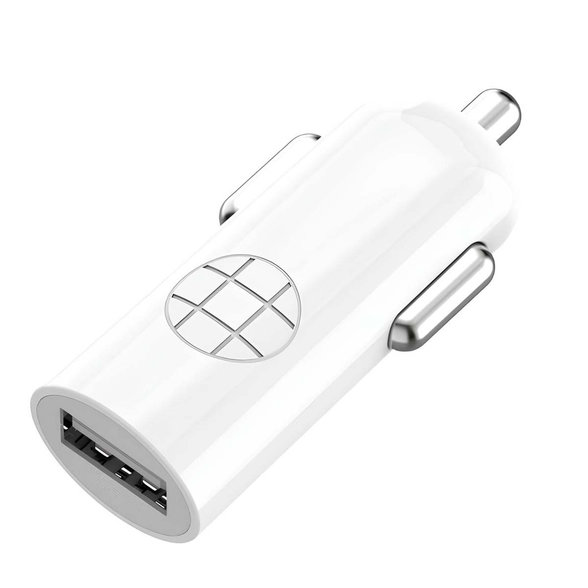 Un adattatore USB per auto bianco con due porte e motivo a griglia.
