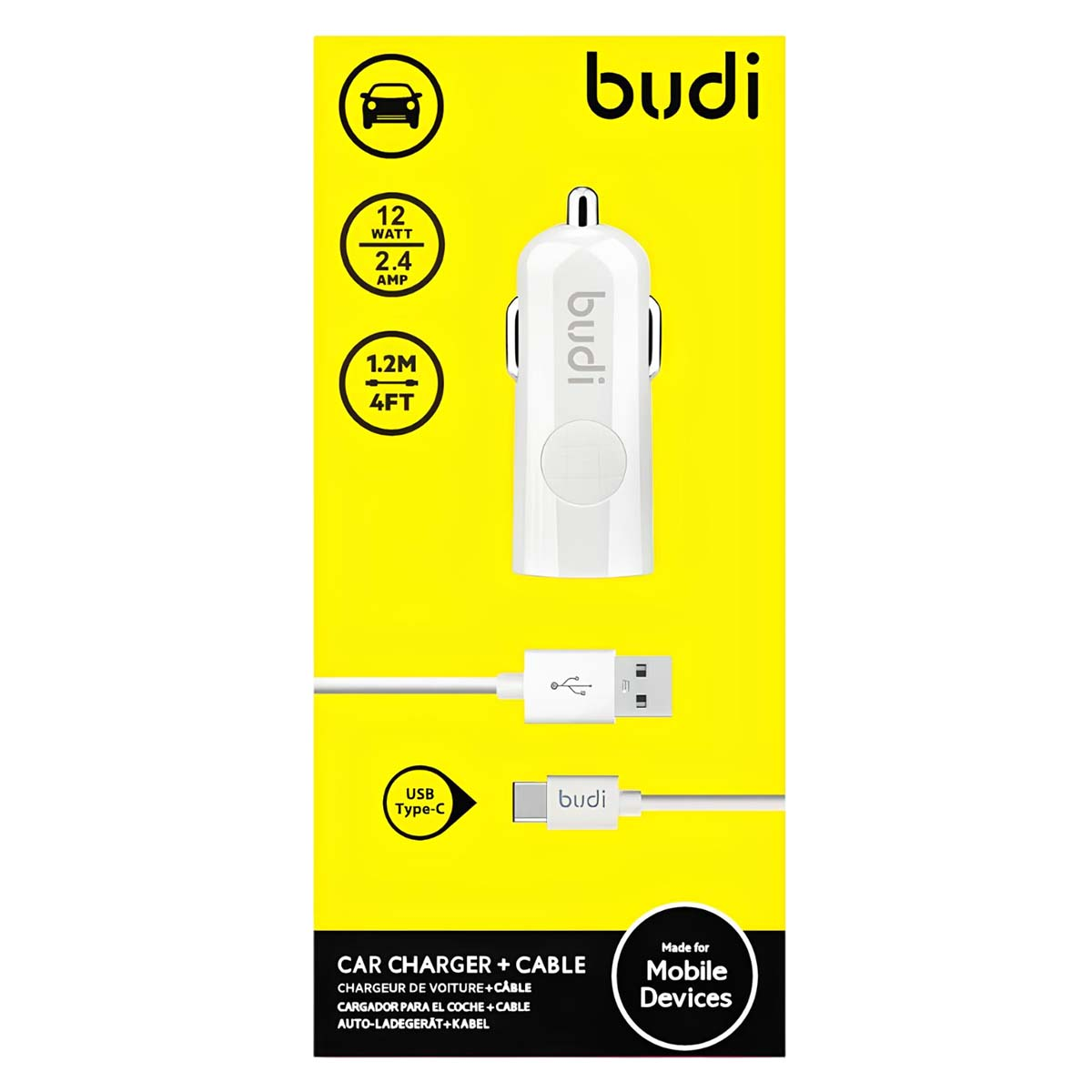 Un caricabatterie per auto Budi bianco con cavo, 12W, 2.4A, 1.2M/4FT.