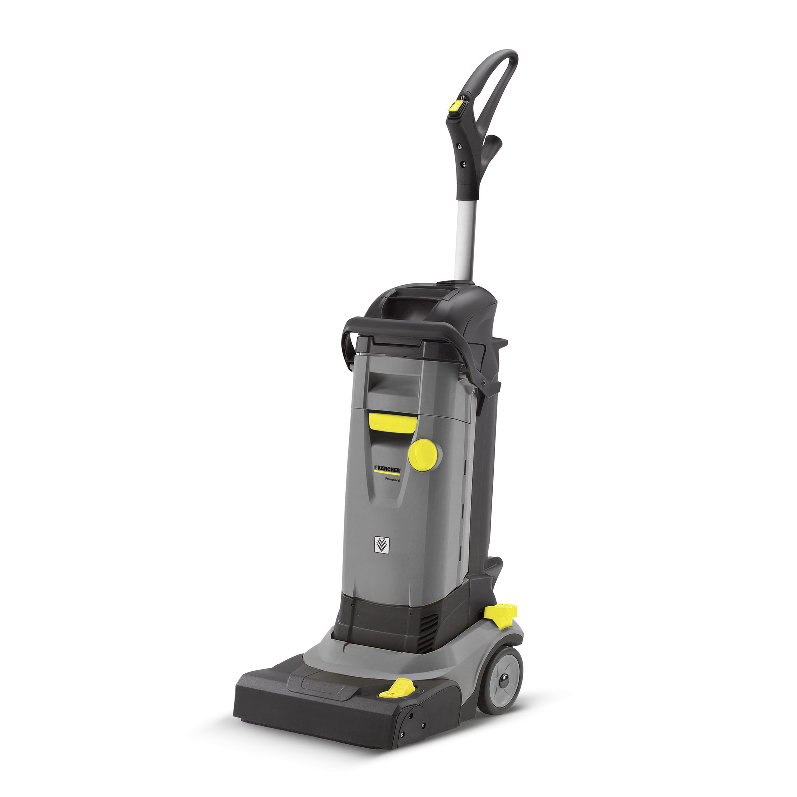 Grijze en gele Karcher vloerreiniger met handvat en wielen.