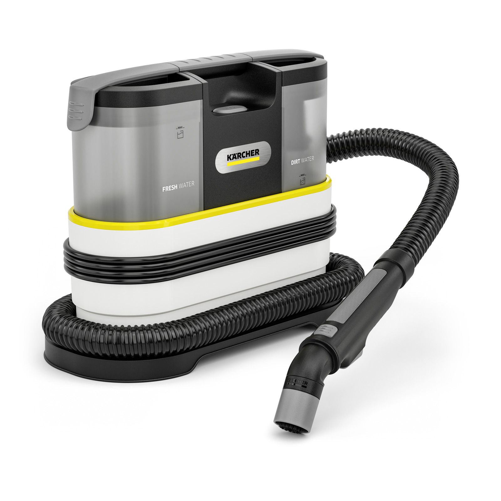 A Kärcher cleaning device with fresh and dirty water tanks and a hose.