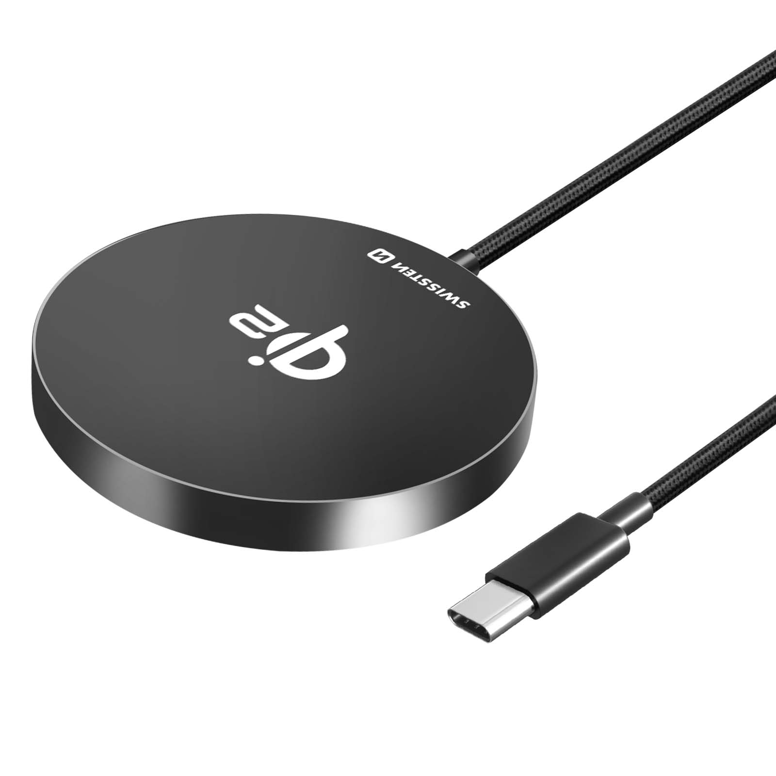 Schwarzer runder Qi-Ladepuck mit USB-C-Kabel und weißem Logo.