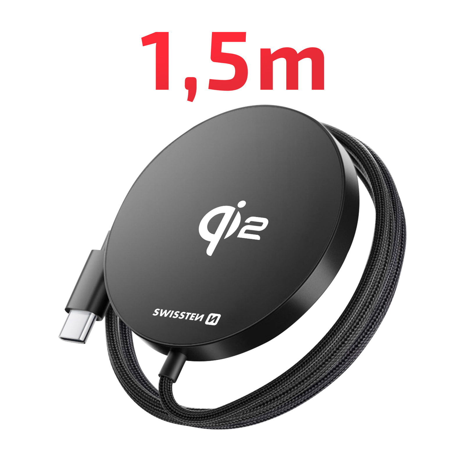 Schwarzer kabelloser Ladegerät mit USB-C-Kabel und 1,5m Aufdruck.