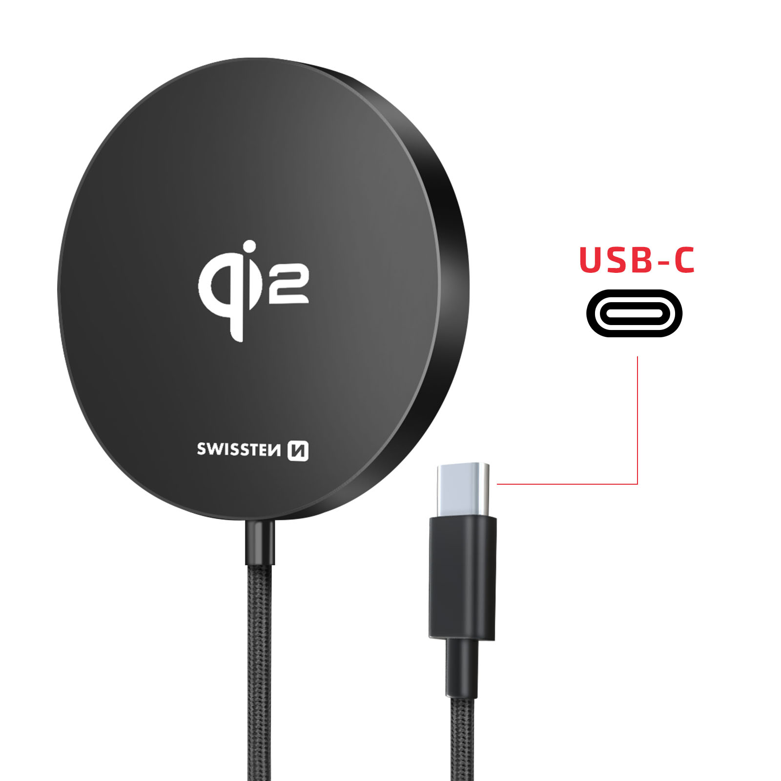 Schwarzes Qi-Ladepad mit USB-C-Kabel und Anschluss.
