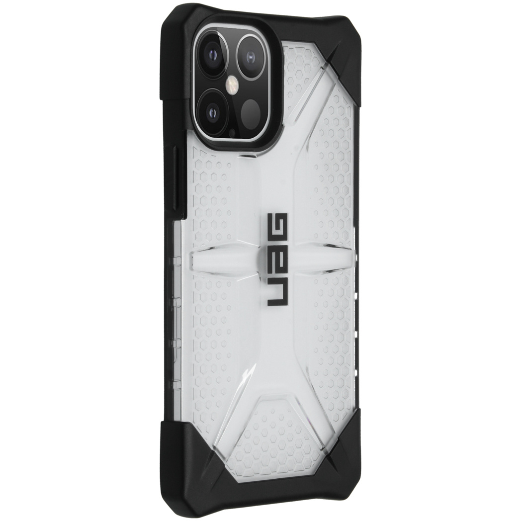 Schwarze und transparente Handyhülle mit UAG-Logo.