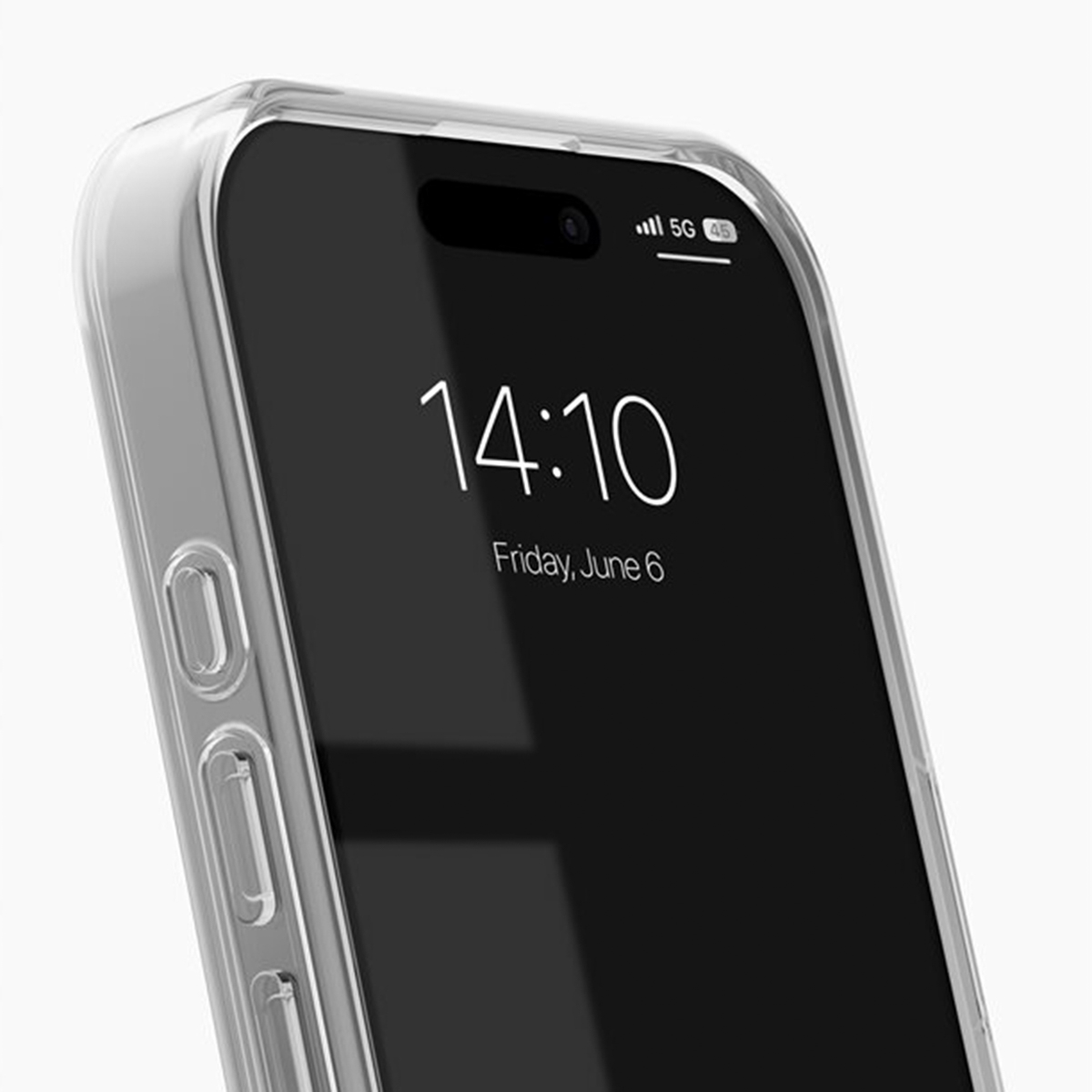 Ein klares Handycase um ein Smartphone mit einer Zeitanzeige von 14:10.
