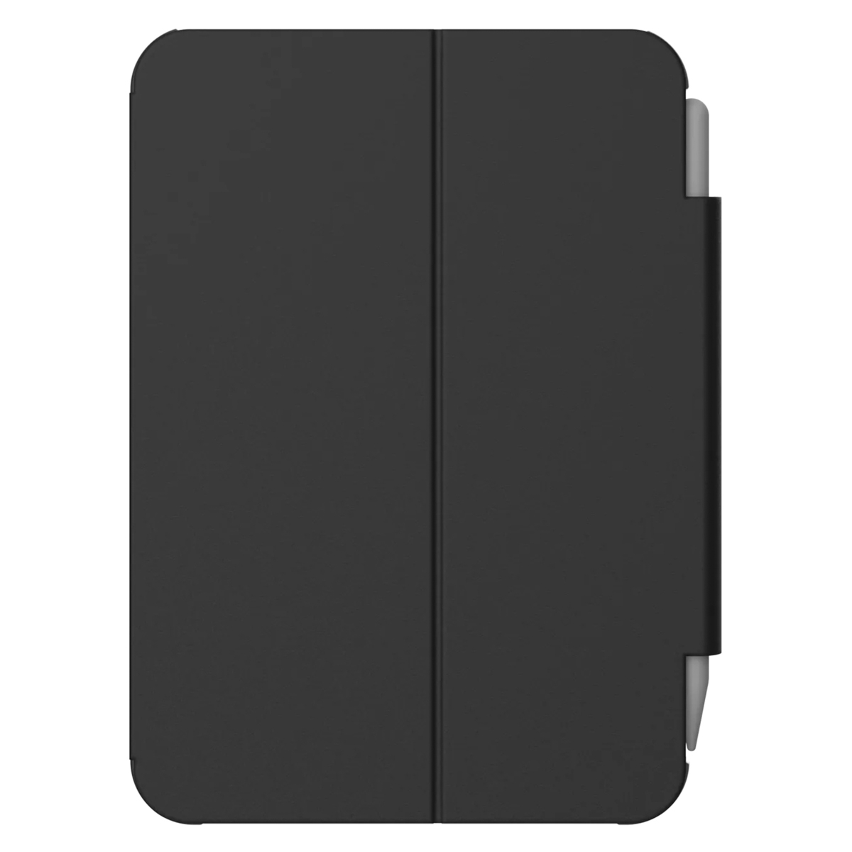 Schwarze Tablet-Hülle mit Stifthalterung, geschlossen.