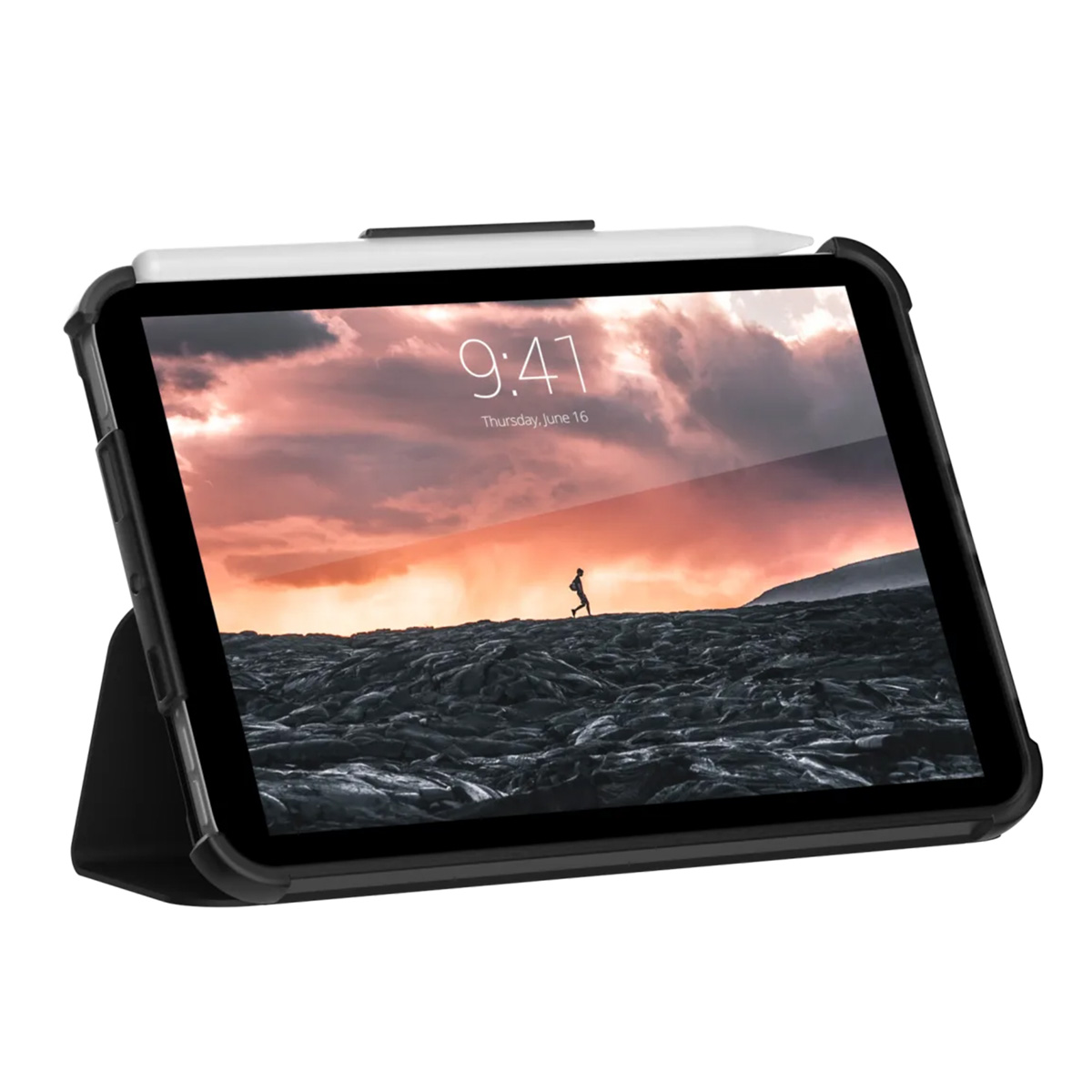 Ein Tablet mit Stifthalter, das eine Person zeigt, die über Lava läuft.