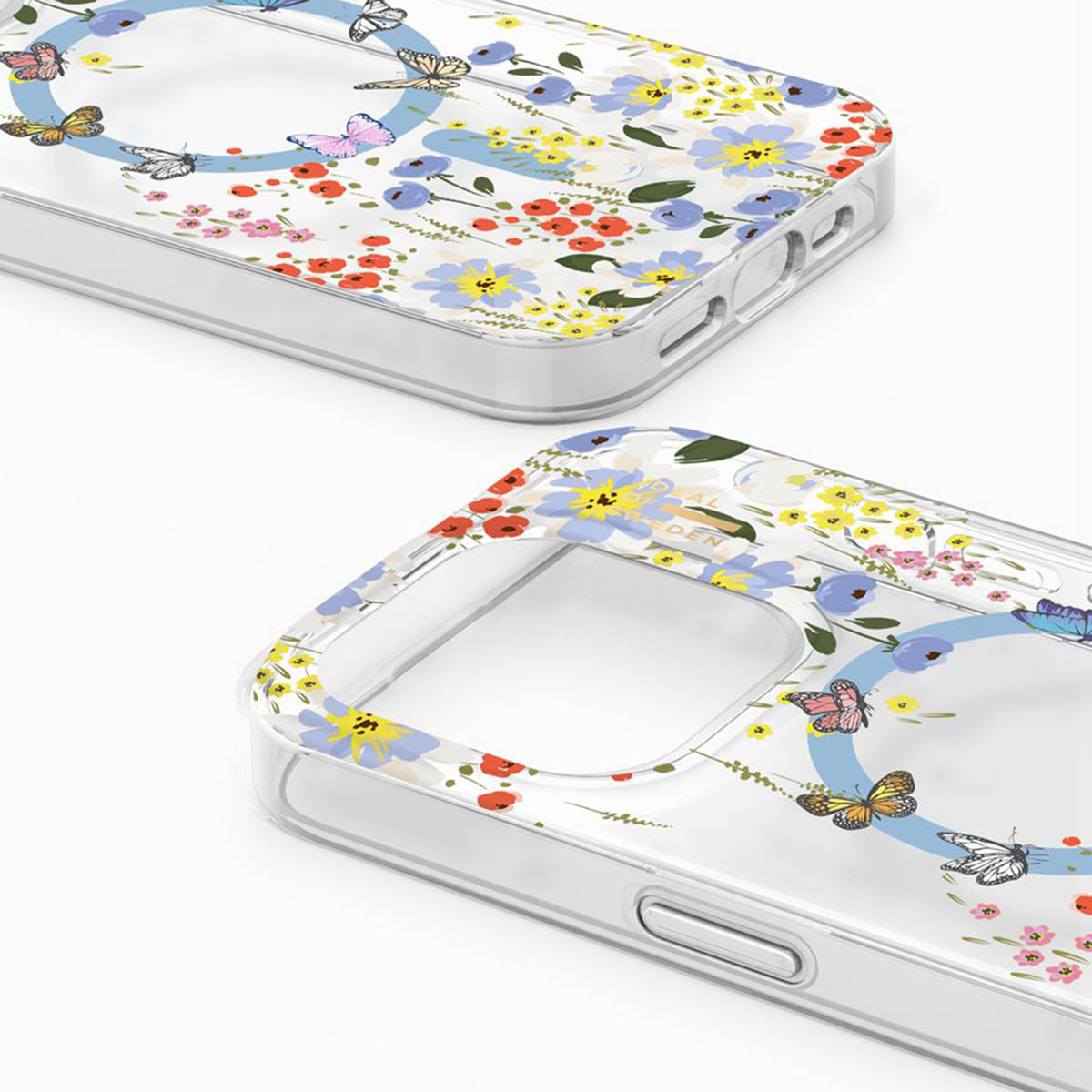 Zwei transparente Handyhüllen mit Blumen- und Schmetterlingsmuster, hellblau.