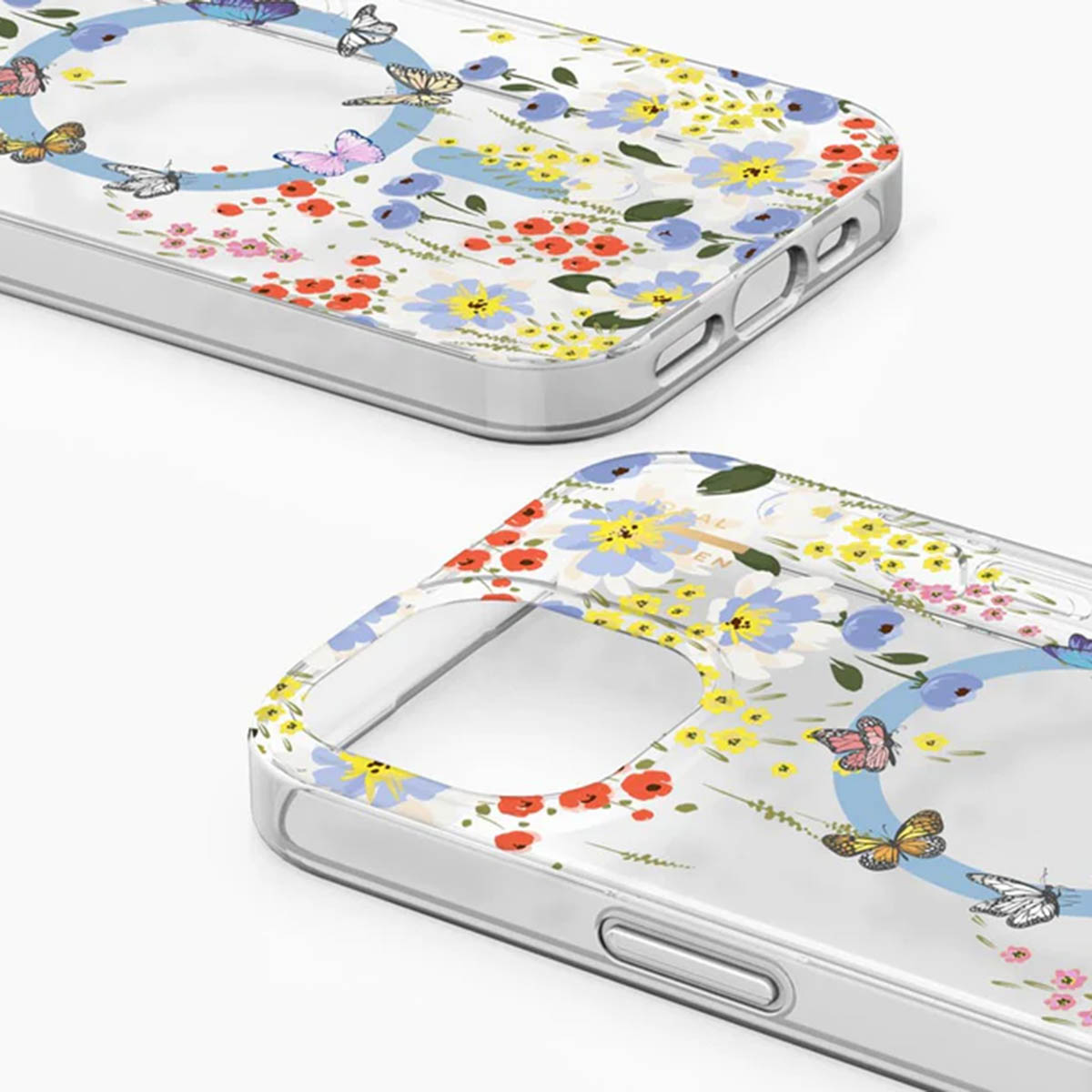 Transparente Handyhülle mit Blumen- und Schmetterlingsmuster.