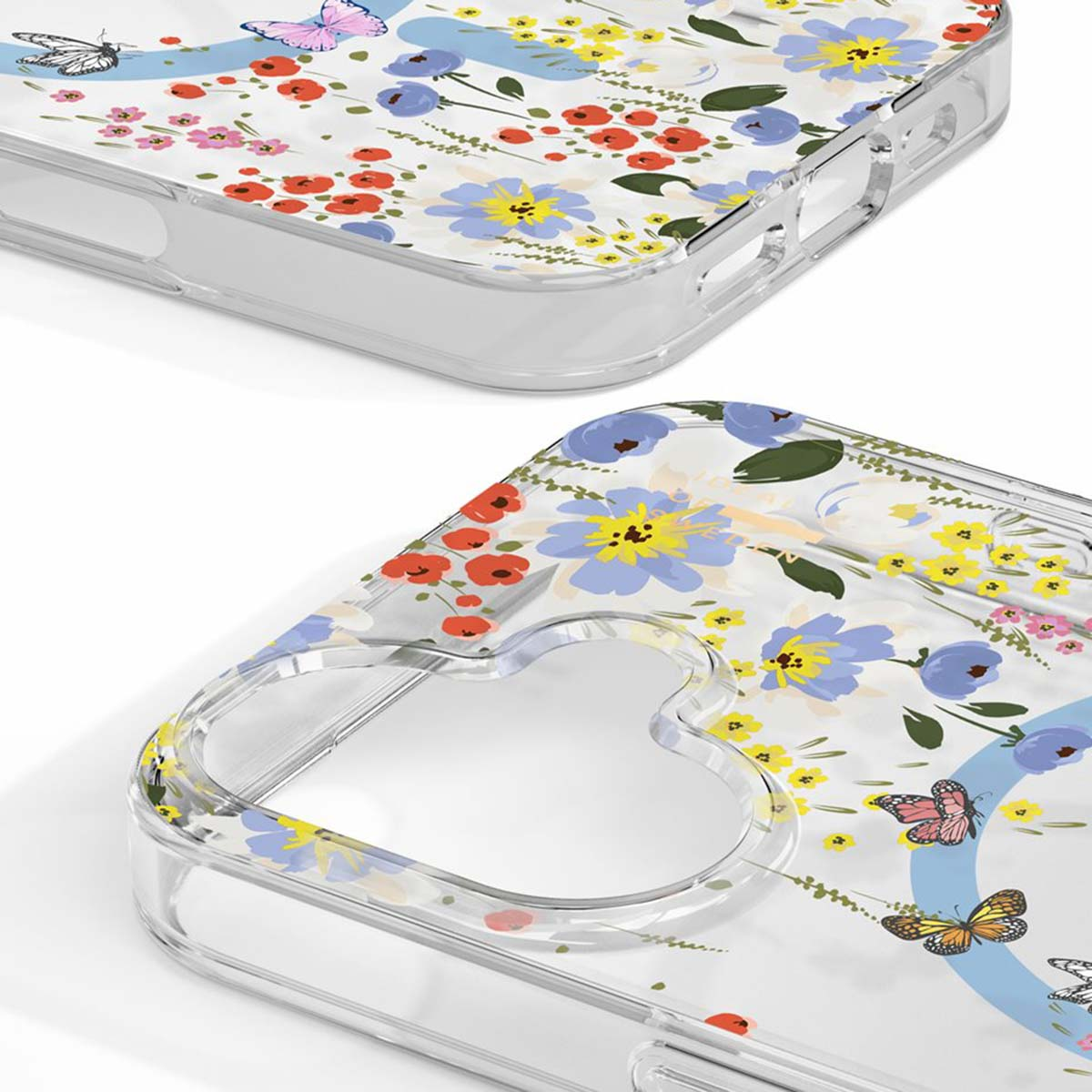 Transparente Handyhülle mit Blumen und Schmetterlingen.