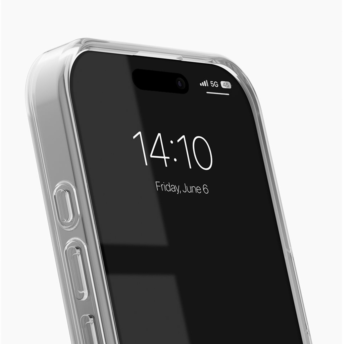 Transparente Handyhülle mit 5G-Symbol und Uhrzeit 14:10.