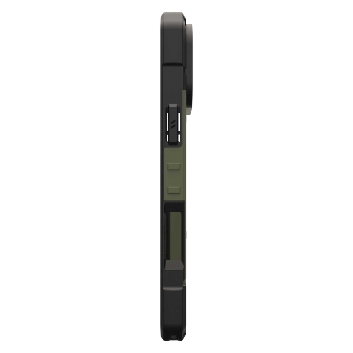 Eine schwarze und grüne Handyhülle mit einem robusten Design, von der Seite gesehen.