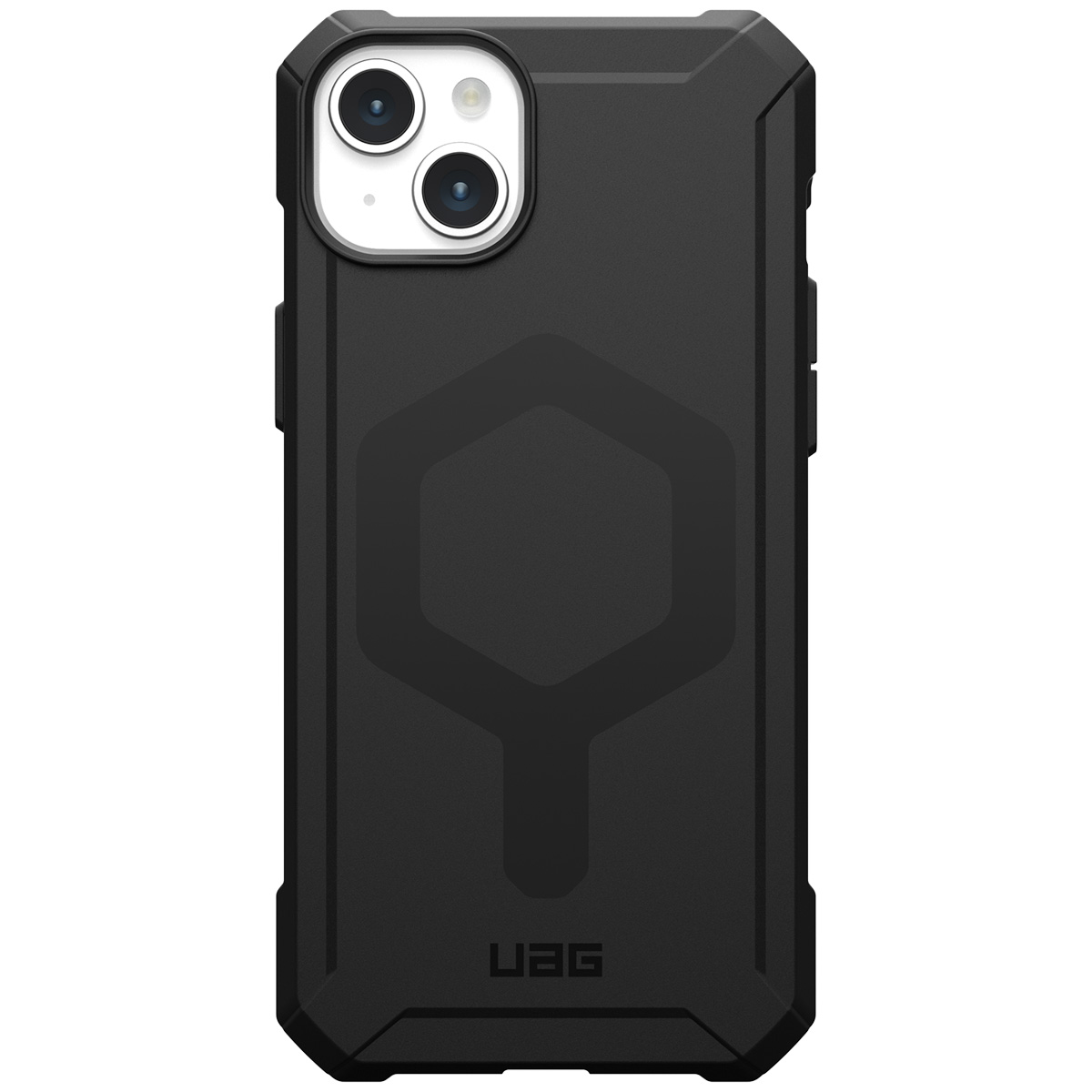 Schwarzes iPhone-Hülle mit sechseckigem Muster und Kameras.