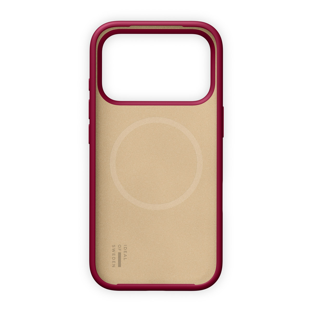 Eine dunkelrote Handyhülle mit hellembeige Rückseite und Magnetring.