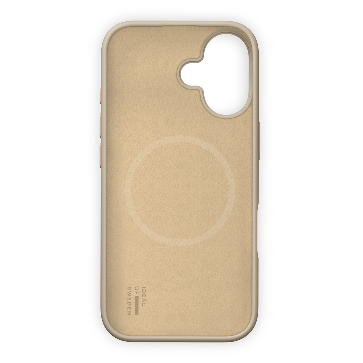 Beiger Handyhülle mit einem Kreisaufdruck und "IDEAL OF SWEDEN"-Logo.